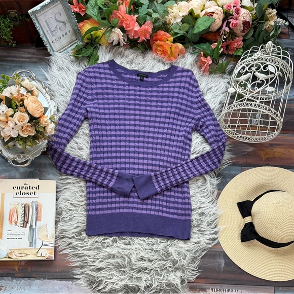 Talbots Cotton Blend Purple Striped Women's Lightweight Cable Knit Sweater - Picture 3 of 11